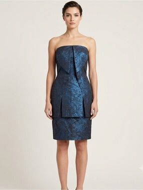 Brian Reyes Silk Blend Jacquard Strapless Cocktail Dress Navy Blue Italy 4 NWT